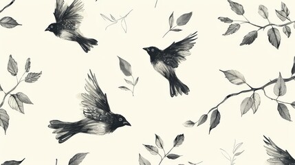 Fototapeta premium A minimalist wallpaper with a pattern of simple line art birds and feathers