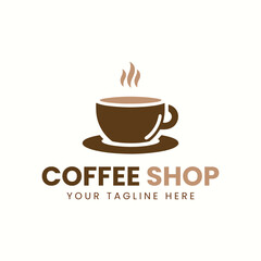 Minimalist Brown and Orange Coffee Cup Logo with Saucer on White Background
