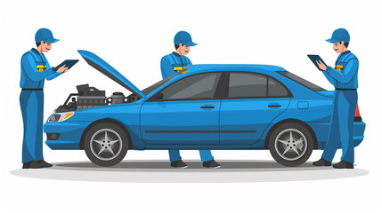 Team of mechanics performing car maintenance checking the engine