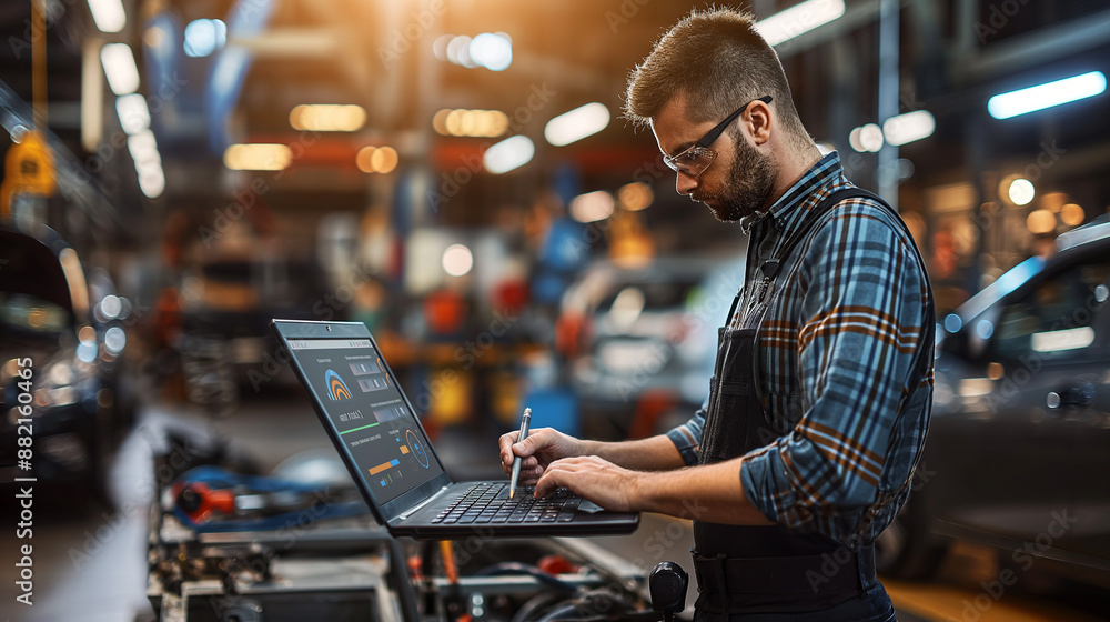 Poster mechanic using computer software analyzing car performance in garage