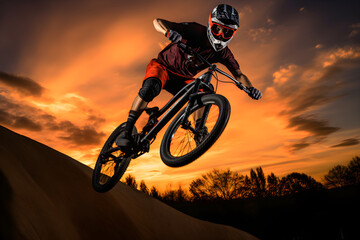 Illuminated by the Setting Sun: A BMX Rider Enthralls with Breathtaking Mid-Air Stunt in an Urban Skate Park