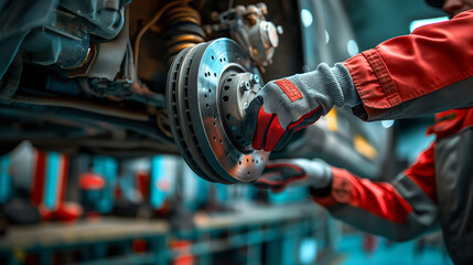Car mechanic inspecting car brakes in a mechanical workshop
