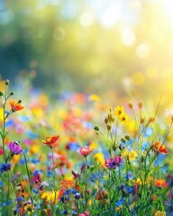Flower meadow under sunbeams blue sky bokeh lights summer nature background banner colorful wildflowers copy space