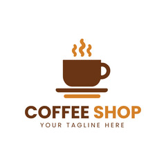 Minimalist Brown and Orange Coffee Cup Logo with Saucer on White Background