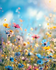 Flower meadow under sunbeams blue sky bokeh lights summer nature background banner colorful wildflowers copy space