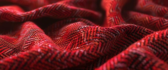 Close-up of red fabric with a herringbone zigzag chevron pattern, showcasing vibrant textures