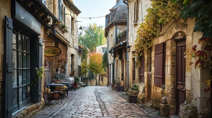 Obraz premium A charming cobblestone street in an old European town, lined with quaint shops, cafes, and historic buildings.