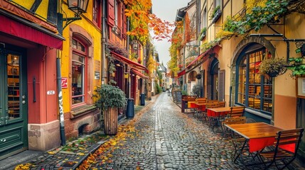 A charming European street in autumn, with cobblestone pathways and historic buildings adorned with colorful fall leaves. with outdoor seating invite passersby to sit and relax.