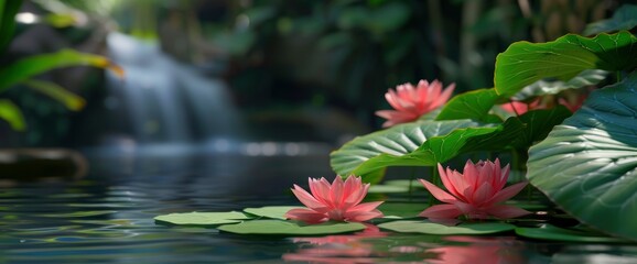 Colorful lotus flowers and lotus leaves floating in a serene pool
