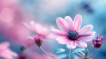 Close-up of vibrant pink and purple daisy flowers in soft focus against a tranquil blue background.