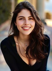 Obraz premium Beautiful model Valentina with radiant smiles and provocative cleavage, showcasing diverse beauty with natural makeup and stylish outfits, exuding confidence and charm in captivating pose.