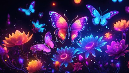 Neon butterfly,  butterfly and flowers, neon light butterfly and colorful neon lights flower, particles background