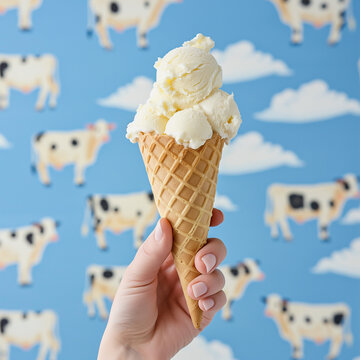 Milk ice cream cone on cow milk background