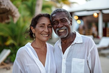 Obraz premium Portrait of a happy multiethnic couple in their 50s wearing a simple cotton shirt over bustling beach resort background