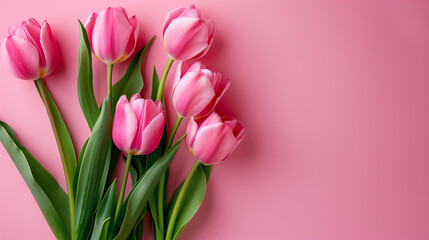 Elegant pink tulips with lush green leaves against a matching pink background with copy space - floral minimalist theme. 