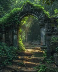 Obraz premium Mystic Forest: Enchanting Scene of Ancient Ruins and Overgrown Pathway