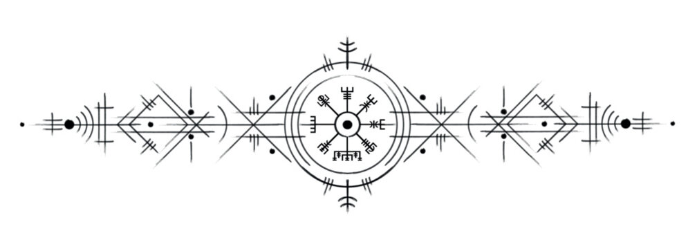 Vegvisir magic navigation compass hand drawn style. Ancient viking sign in art deco. The Asatru used many symbols in accordance to Norse mythology, widely used in Viking society. Esoteric logo icon