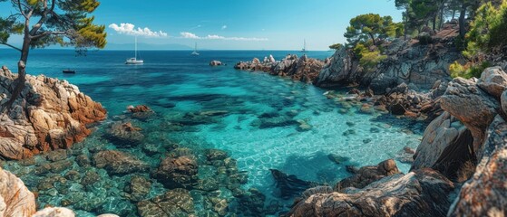 Azure Seascape: Contemporary View of a Rocky Coastline with Distant Sailboats

