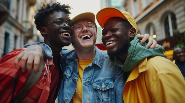 Group of happy african american guys having fun together in the city. - Powered by Adobe