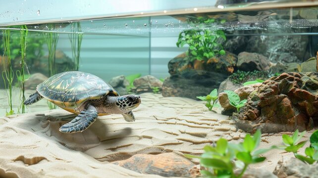 A sea turtle gliding through a serene aquarium environment,