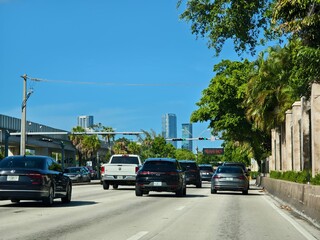 Miami Beach, Florida, USA - The Brickell skyline as seen from South Dixie Highway.