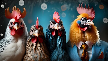 Colored Chickens and a rooster are sitting together. Bright birds - roosters in dresses. Creative concept of cartoon animals.