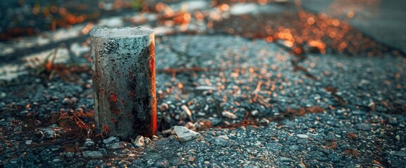 Corrugated metal post with asphalt and gray surroundings, creating an industrial texture