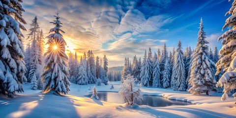 Fantastic winter landscape glowing by sunlight. Dramatic wintry scene. Beauty world.