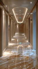 Obraz premium Modern hotel hallway with polished marble floors, elegant lighting fixtures, and a contemporary aesthetic design creating a luxurious ambiance