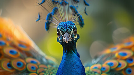 Blue peacock in the wild. Beautiful extreme close-up. Sri Lanka.