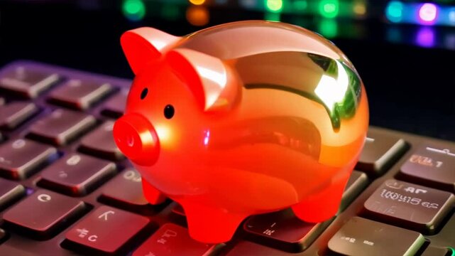 Piggy bank perched on a laptop keyboard hints at saving money through online financial tools