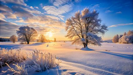 Obraz premium Beautiful winter landscape with snow covered trees and blue sky at sunset