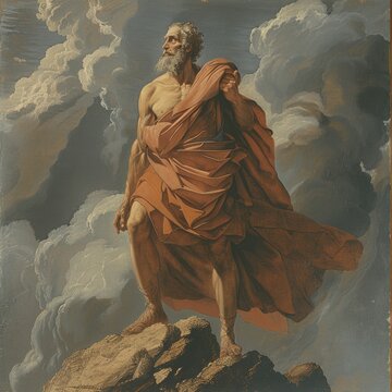 Aeolus in Greek Mythology: God of Winds atop a Mountain with Dynamic Air Movement

