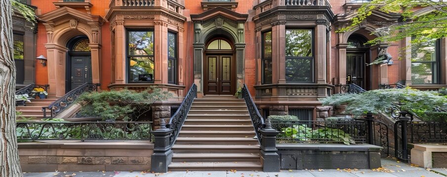 Historic brownstone with wrought iron railings and bay windows.