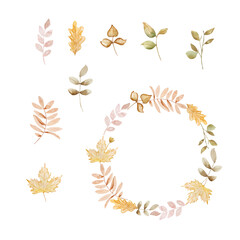 Autumn wreath with watercolor fall leaves