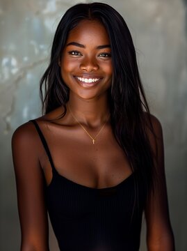 Beautiful African model Jinger with radiant smiles and provocative cleavage, showcasing diverse beauty with natural makeup and stylish outfits, exuding confidence and charm in captivating pose.
