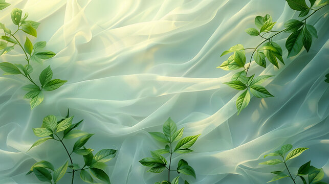 Delicate Green Leaves with Flowing White Fabric in a Soft Ethereal Design