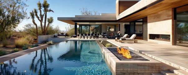 Contemporary desert retreat with a pool and fire pit.