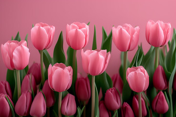 Fototapeta premium Elegant pink tulips with lush green leaves against a matching pink background - floral minimalist theme. 
