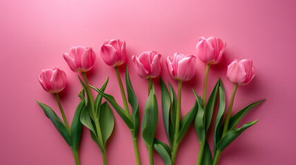 Fototapeta premium Elegant pink tulips with lush green leaves against a matching pink background - floral minimalist theme. 