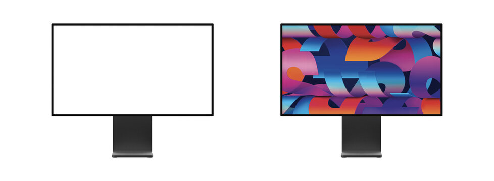 "Mockup of an Apple Studio Display monitor with an Apple computer setup, featuring M1 Max and M1 Ultra chips. Vector illustration."

