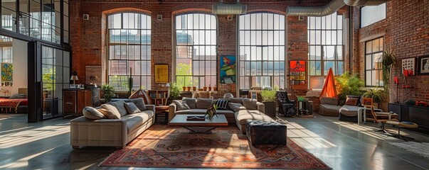 Naklejka premium Urban loft with high ceilings and large windows.