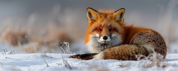 Obraz premium A serene red fox resting in a snowy landscape, blending with the winter scenery, perfectly showcasing the quiet beauty of nature during the colder months