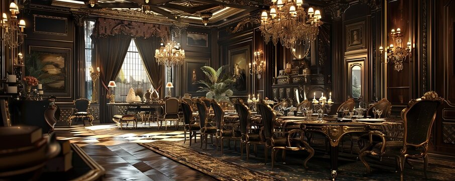 Lavish dining room with a grand table and opulent decor. - Powered by Adobe