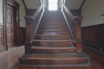 Obraz premium An intricately designed vintage wooden staircase with ornate handrails and worn steps leading up to a window landing with surrounding classic interior decor