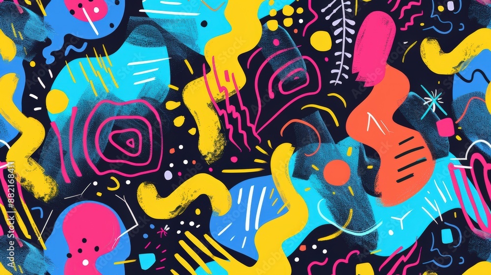 Aufkleber a fun and quirky pattern with abstract shapes and squiggles in bright, neon colors. the playful desi