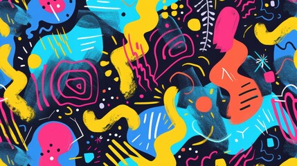 A fun and quirky pattern with abstract shapes and squiggles in bright, neon colors. The playful design is full of movement and creativity