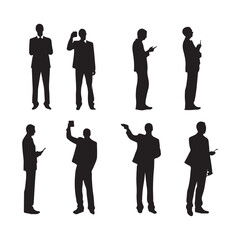 Set of presenting businessman with tablet in hand silhouette white background
