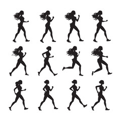 Set of Girl Run Cycle Animation Sprite Sheet jogging silhouette white background
