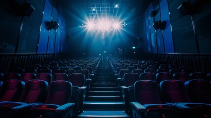 Fototapeta premium Rows of Empty Seats in the Movie Theater Illuminated by the Bright Lights, Creating a Stark and Lonely Atmosphere